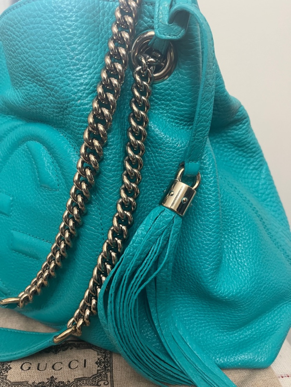 Gucci Turquoise Soho Leather Shoulder Bag with Tassel Accent - Picture 6 of 14